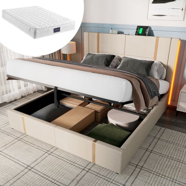 Polstret seng - MUVOE - 160 x 200 cm - Beige linned - USB-opladningsfunktion - RGB LED-belysning