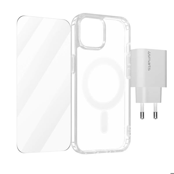 iPhone 15 Plus-fodral - 4smarts - Transparent - Härdat glas skärmskydd - USB-C-laddare 20W