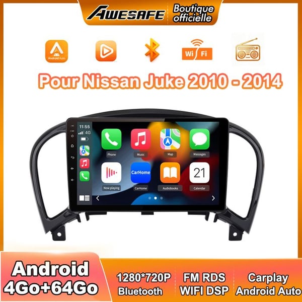 AWESAFE 4G Autoradio Android 13 4Go+64Go för Nissan Juke (2010-2014) 9'' Touchskärm med Carplay GPS Bluetooth Android Auto