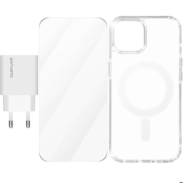iPhone 15 Plus-fodral - 4smarts - Transparent - Härdat glas skärmskydd - USB-C-laddare 20W