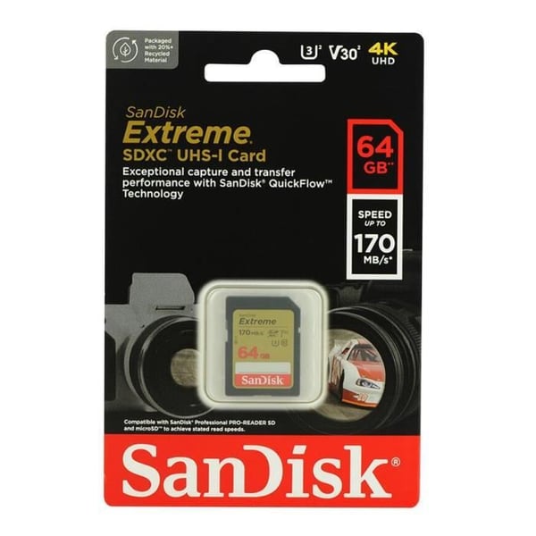 SDXC-minneskort - SANDISK - Extreme 64GB - 170MB/S - 80MB/S - UHS-I Class 10 U3 V30