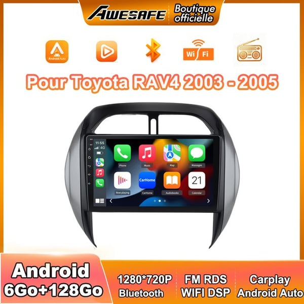 AWESAFE 4G Autoradio Android 13 6Go+128Go för Toyota RAV4 (2003-2005) 9'' Touchskärm med Carplay GPS Bluetooth Android Auto