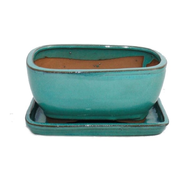 bol bonsai med fat storlek 2 - turkos - oval - modell g92 - l 15,5cm - b 12,5cm - h 7cm