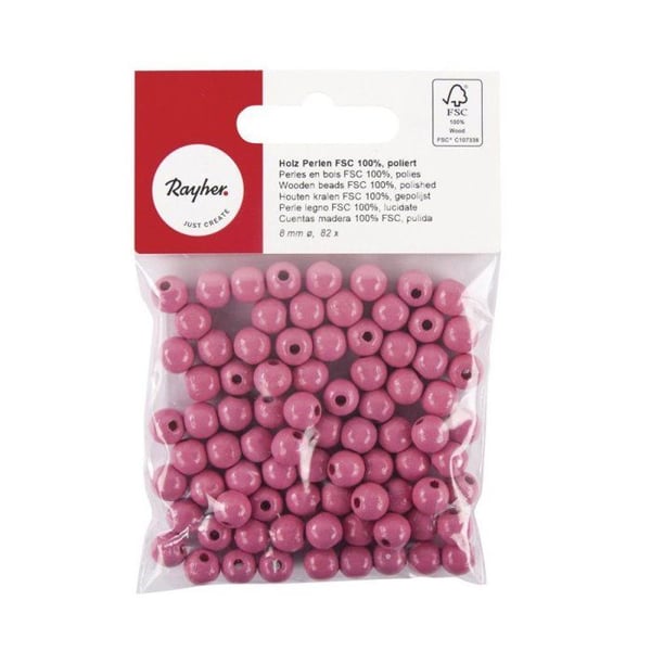FSC 100% träpärlor, polerade, 8mm 82 stycken, mörk rosa