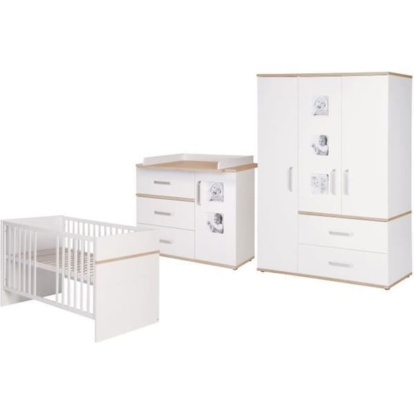 Ensemble rum för barn ROBA Pia - Säng 70x140 + Skötbord + Garderob - Vit / San Remo Ek