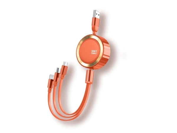 3-i-1 Retractable Kabel Micro-USB/Lightning/USB-C till USB-A 3A 480MBps 1,2m Orange
