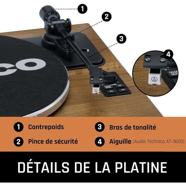 Platine Vinyle Bluetooth 5.0 - Lenco - fire indbyggede højttalere 40W RMS - LS-410WA - Mørkt træ