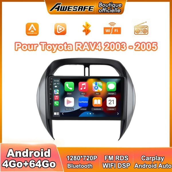AWESAFE 4G Autoradio Android 13 4Go+64Go för Toyota RAV4 (2003-2005) 9'' Pekskärm med Carplay GPS Bluetooth Android Auto