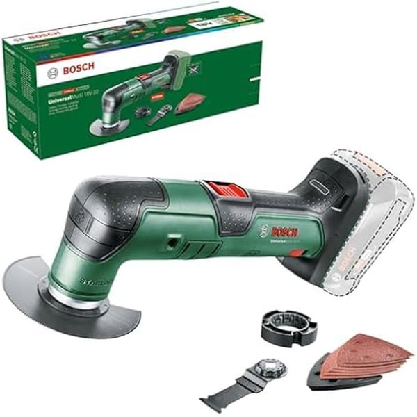 Bosch Trådlös multifunktionsverktyg UniversalMulti 18V-32 levereras med 1x sågtand; 1x skärblad; 1x slipplatta;