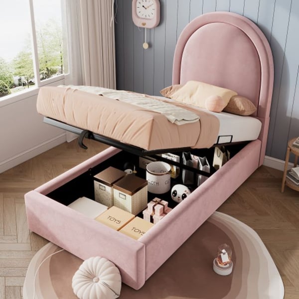 Lit simple - MUVOE - 90 x 200 cm - Rosa - Velour - Med hydraulisk opbevaring