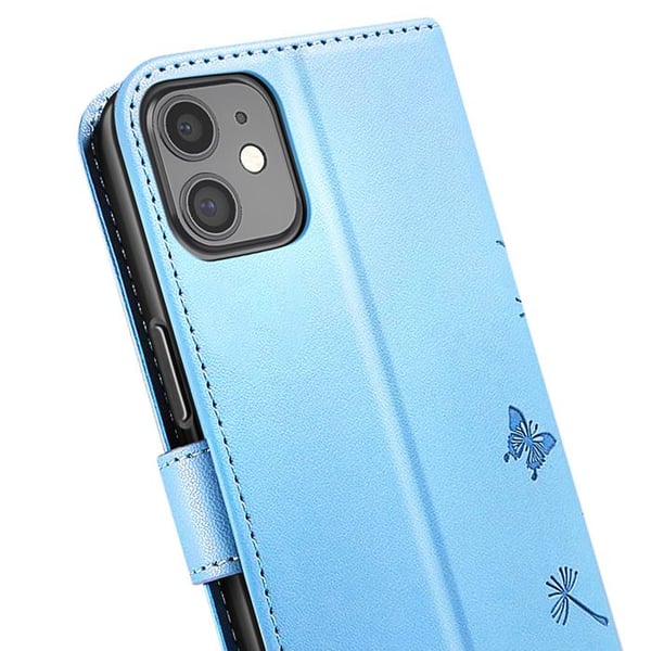 Plånboksfodral - ZANAÉ - iPhone 11 - Syntetläder - Blommor och Fjäril - Ljusblå