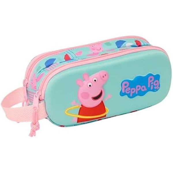 Safta Peppa Pig 3D dubbel pennfodral för barn i skolåldern, bekväm och mångsidig, kvalitet och motståndskraft, 21 x 6 x 8 cm,