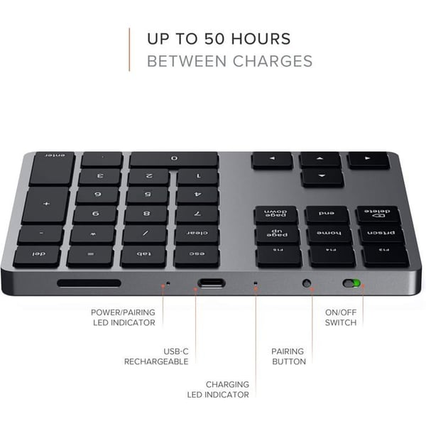 Utökat Numeriskt Tangentbord - SATECHI - Bluetooth - Aluminium - USB-C Laddningsbart - MacOS