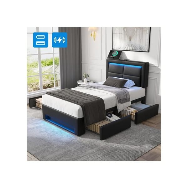 Polstret seng - MUVOE - 90x190 cm - USB - LED-belysning - 4 skuffer - Sort