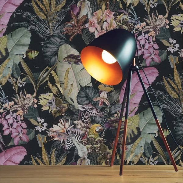 Papper Tapet Djungel Camilla M1-No.779 Svart Rosa Blommor Floral