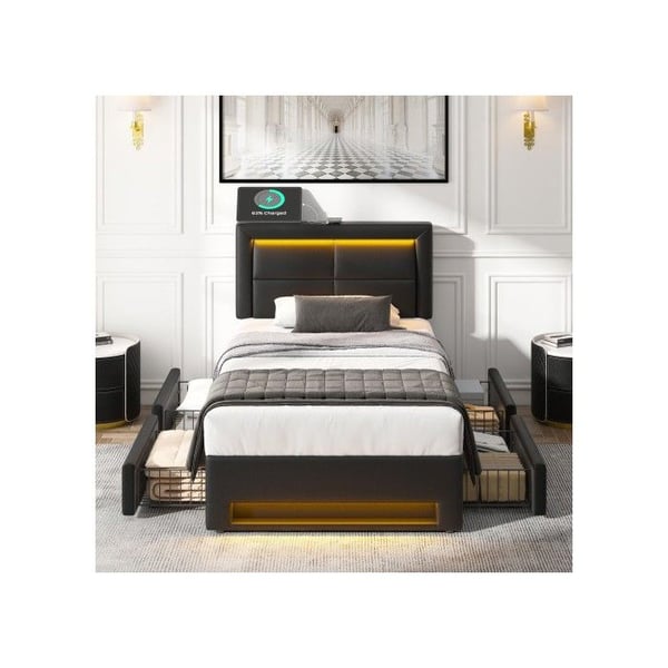 Polstret seng - MUVOE - 90x190 cm - USB - LED-belysning - 4 skuffer - Sort