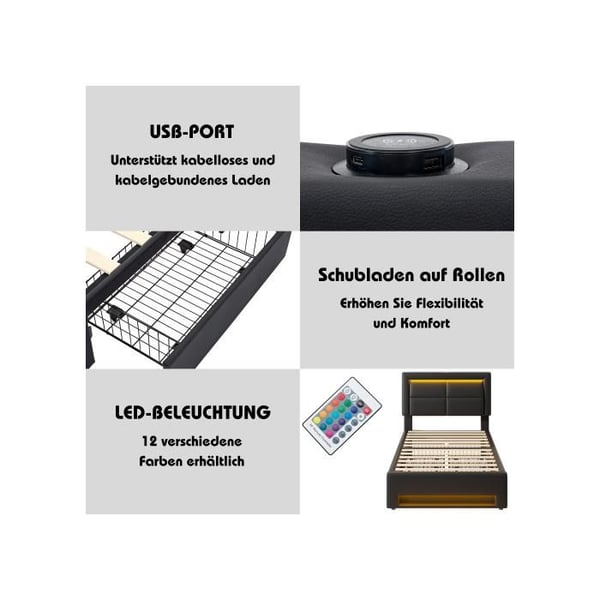 Polstret seng - MUVOE - 90x190 cm - USB - LED-belysning - 4 skuffer - Sort