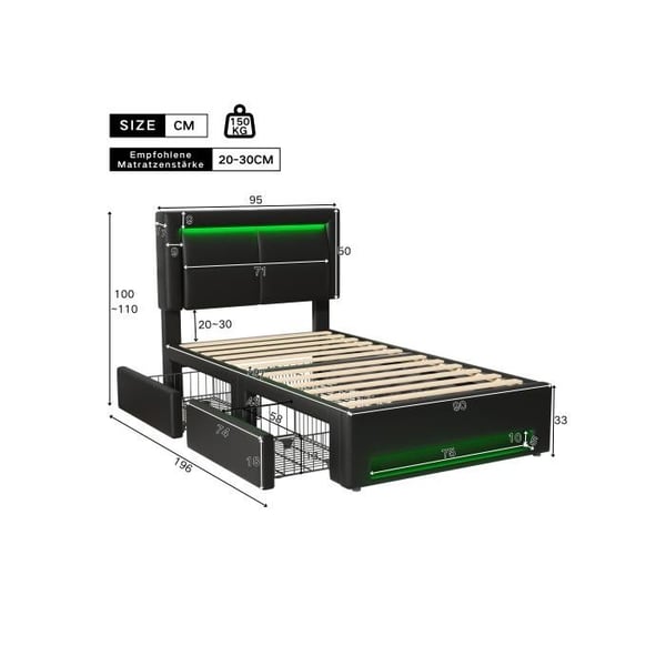 Polstret seng - MUVOE - 90x190 cm - USB - LED-belysning - 4 skuffer - Sort