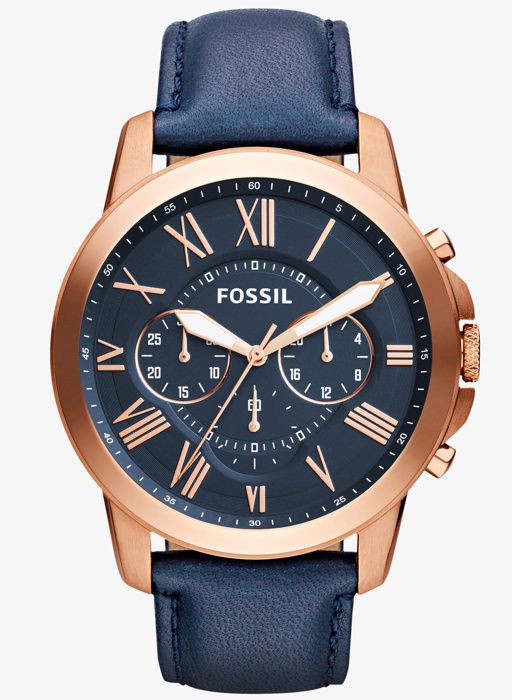FOSSIL GRANT FS4835 Herrklocka - Kvarts - Stålfodral - Blå läderrem