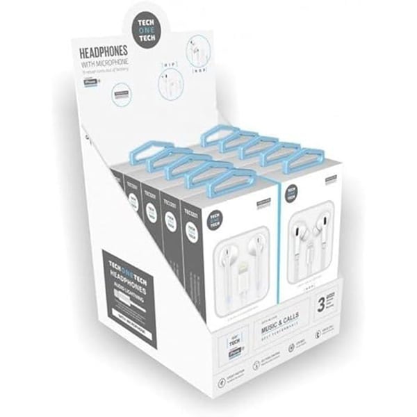EarTech TEC1203 hörlursdisplay med mikrofon och Lightning-kontakt - 10 vita hörlurar ingår
