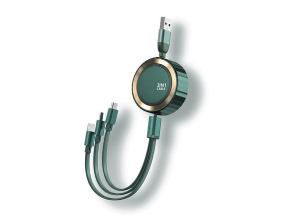 Retraktabel kabel 3-i-1 Micro-USB/Lightning/USB-C till USB-A 3A 480MBps 1,2m Grön