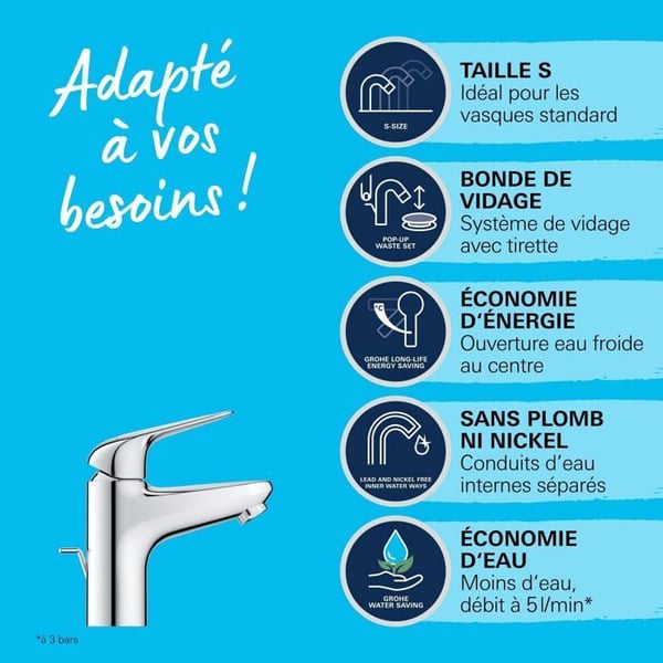 Blandingsbatteri - GROHE - Swift - Vandbesparelse - Nem installation - Forkromet