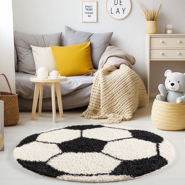 Barnmatta - AYYILDIZ - Fotbollsdesign - Svart - 120x120 cm - Shaggy 50 mm