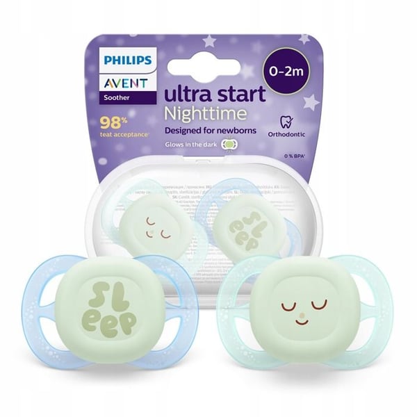 Babysugghång - Philips Avent - Ultra Start Natt SCF075/18 - Ortodontisk silikon som lyser 0 till 2 månader - 2-pack