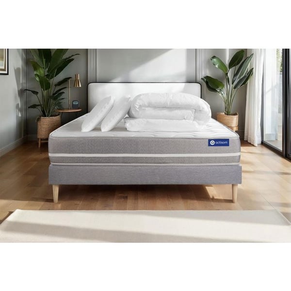 Komplett sängpaket 140x200 cm - Madrass + Sängbotten Grå (i kit) + 2 kuddar + Täcke - Actiflex Tou