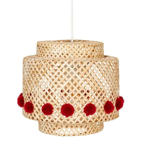 Barnhänglampa Liby bambu röda pompom D28cm - Atmosphera Inredningsdesigner