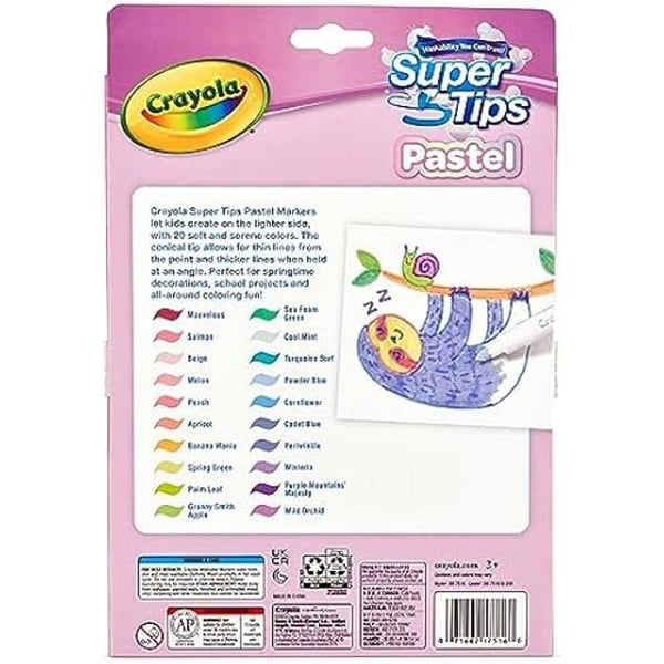 Tvättbara markörer - CRAYOLA - Pastellfärgade superspetsar - Dubbellinje konisk spets - paket med 20 stycken