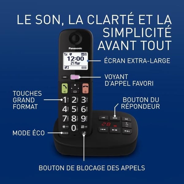 Panasonic KX-TGU130EXB Trådlös telefon med telefonsvarare, stor skärm och stora knappar - Svart