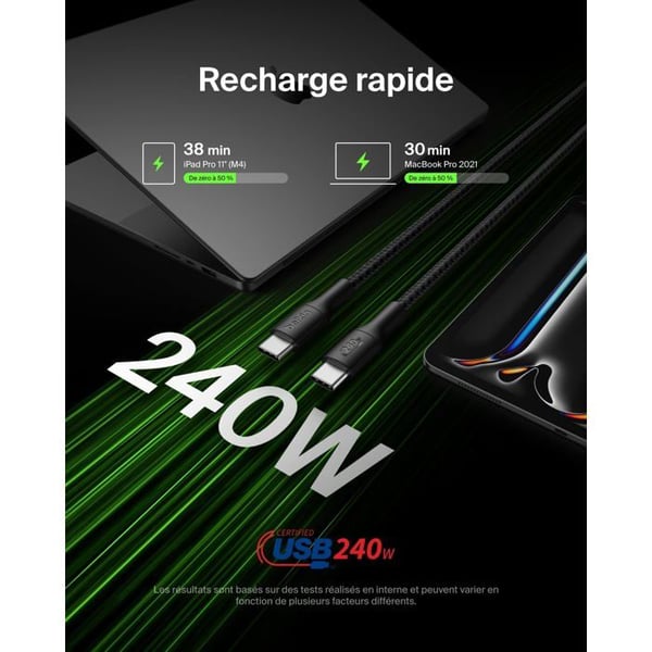 USB-C-kabel - Belkin - CAB025hq1MBK - 240W - Flätad - Svart