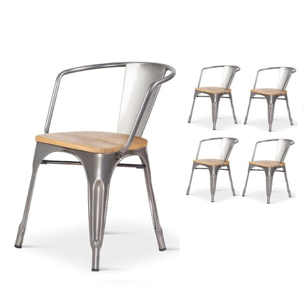 Set med 4 stolar i rå metall, industristil med sits i ljust trä - Med armstöd