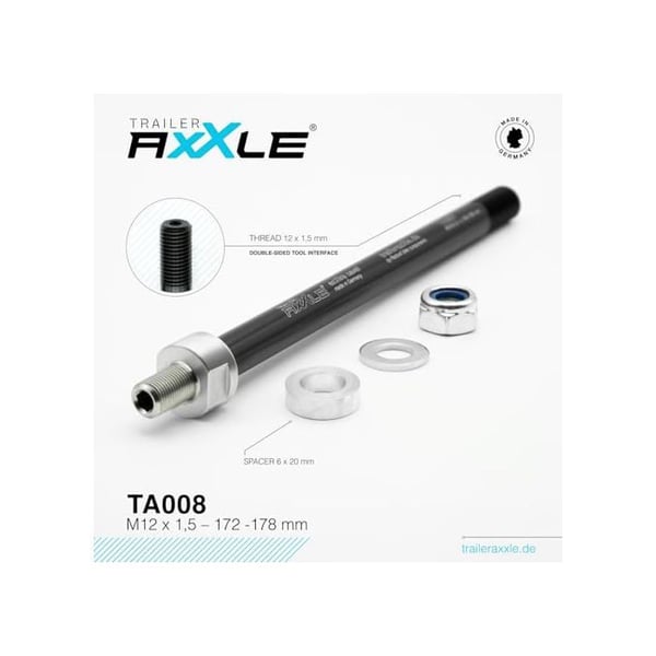 Cykeltraileraxel - TRAILERAXXLE - Ta008 - Gänga M12x1,5 - 172-178 mm - Aluminium 7075-T6 - Rostfritt stål