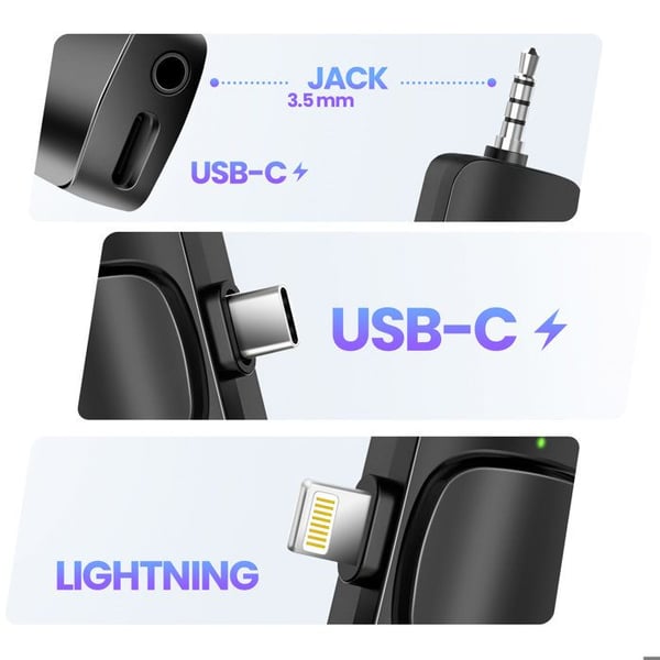 Trådlös Micro Cravate - AVIZAR - 2-pack - USB-C, Lightning, Jack 3.5mm - Vindskydd - 6h Batteritid