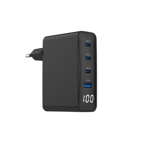 Laddare - GEMBIRD - TA-UC-PDQC100LCD-01-BK - 4 portar USB Type-C - 100W - Överbelastningsskydd