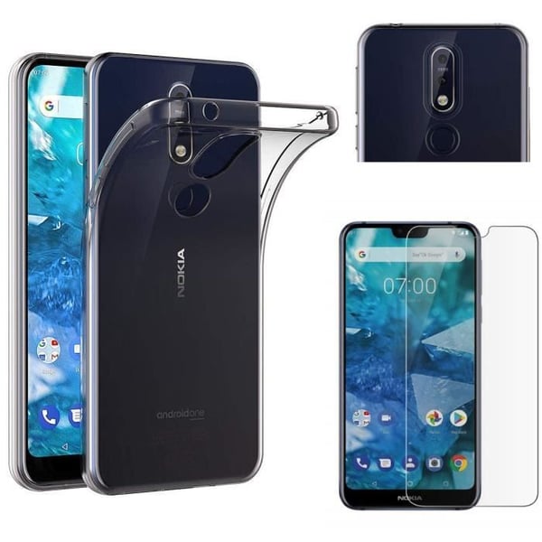 Coque Nokia 7.1 Silikon Transparent + Härdat Glas Film Skärmskydd [Phonillico®]