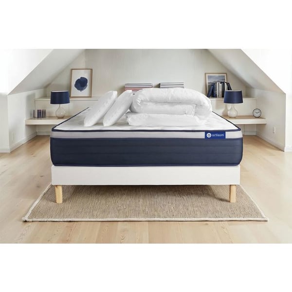 Komplett sängpaket 140x200 cm - Madrass + Sängbotten Vit (i kit) + 2 kuddar + Täcke - Actimemo Ma