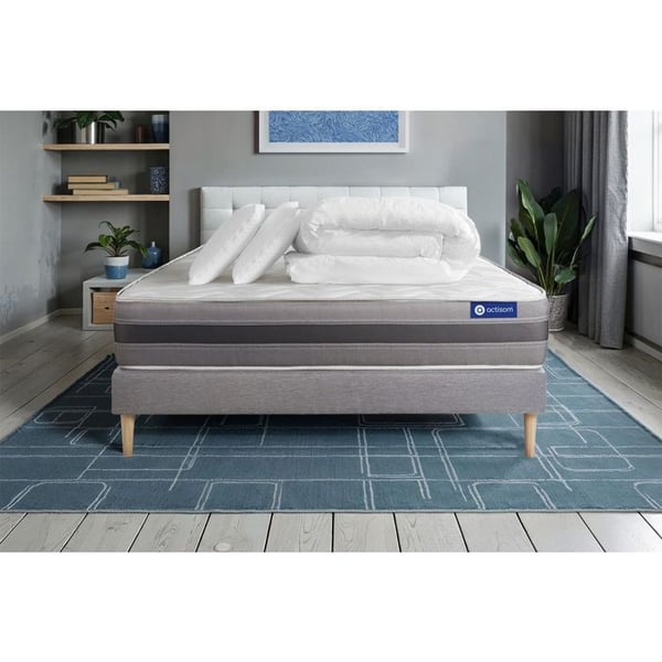 Komplett sängpaket 140x190 cm - Madrass + Sängbotten Grå (i kit) + 2 kuddar + Täcke - Actimemo Rel
