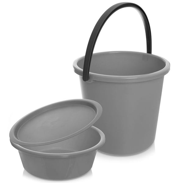 Set med hink och balja - ORION - 13L/5L - Grå - Hållbar plast - Anpassningsbart lock - 30,5x28,5 cm - 30,5x10 cm