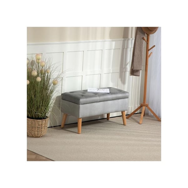 Opbevaringsbænk - MUVOE - 102x35x43 cm - Gummitræ - Grå - Polstret fløjlsstof