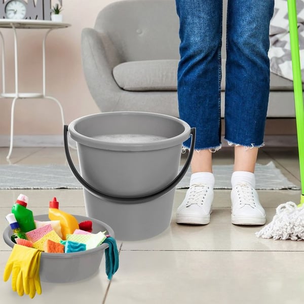 Set med hink och balja - ORION - 13L/5L - Grå - Hållbar plast - Anpassningsbart lock - 30,5x28,5 cm - 30,5x10 cm