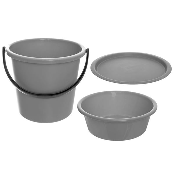 Set med hink och balja - ORION - 13L/5L - Grå - Hållbar plast - Anpassningsbart lock - 30,5x28,5 cm - 30,5x10 cm
