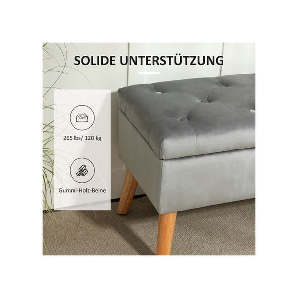 Opbevaringsbænk - MUVOE - 102x35x43 cm - Gummitræ - Grå - Polstret fløjlsstof