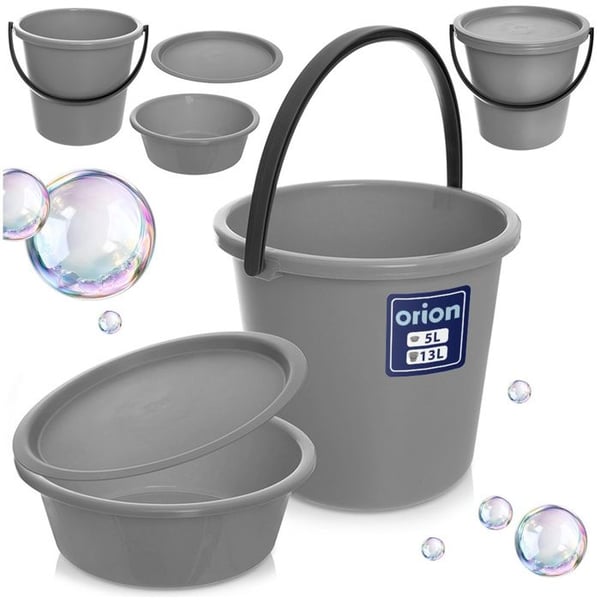 Set med hink och balja - ORION - 13L/5L - Grå - Hållbar plast - Anpassningsbart lock - 30,5x28,5 cm - 30,5x10 cm