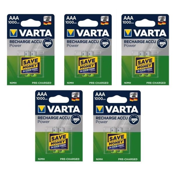 5 pakkausta 2 Micro AAA -akkua, 1,2 volttia/1000 mAh