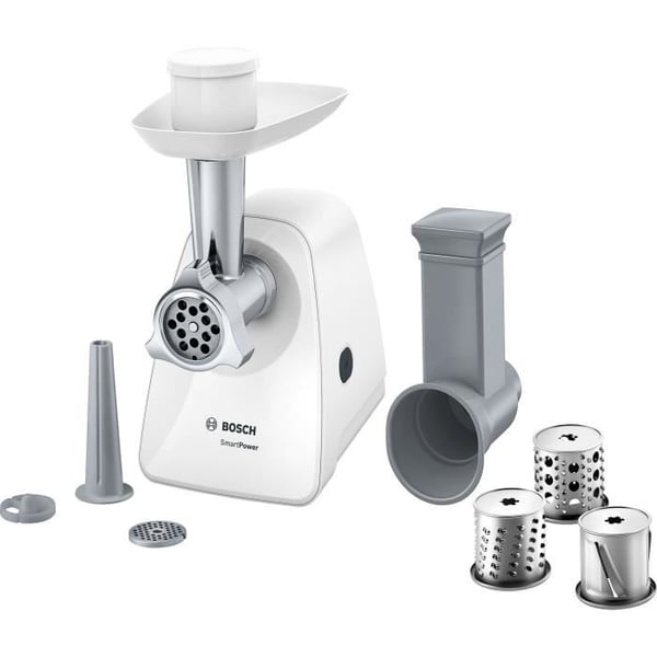 Kødhakker - BOSCH - MFW2514W SmartPower - Hvid - motor blokeret 1500 W - 1,7 kg/mn - 2 hakkeriste - rivjern/skiver.