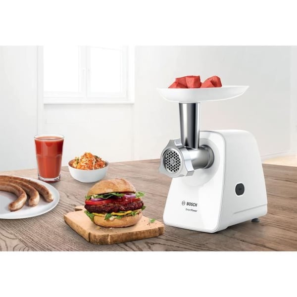 Kødhakker - BOSCH - MFW2514W SmartPower - Hvid - motor blokeret 1500 W - 1,7 kg/mn - 2 hakkeriste - rivjern/skiver.