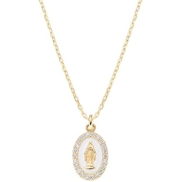 AMEN Smycken, pärlvitt emaljerat miracoculous medaljhalsband, 925 guldpläterat silver damhalsband, vita zirkoner, dampresent